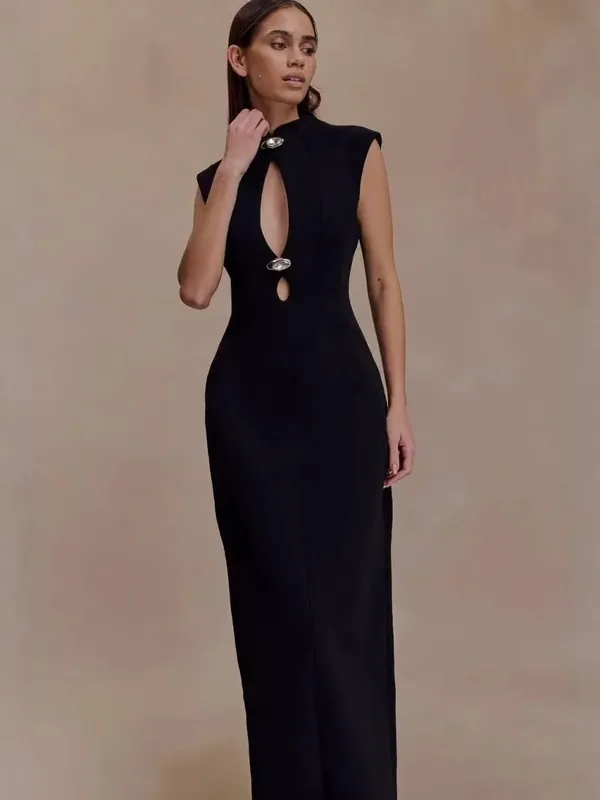 Women Solid Hollow Out Dresses Elegant Round Neck Full Sleeve Waisted Bodycon A-line Vestidos 2026 Lady Daily High Street Gowns