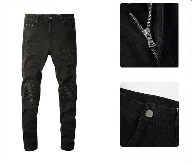 Skinny Hole farmerek férfiaknak Vintage ceruzanadrágok, egyenes bokáig érő nadrágok, mosott, szorongatott farmerek, 2024 őszi utcai viselet — image 5