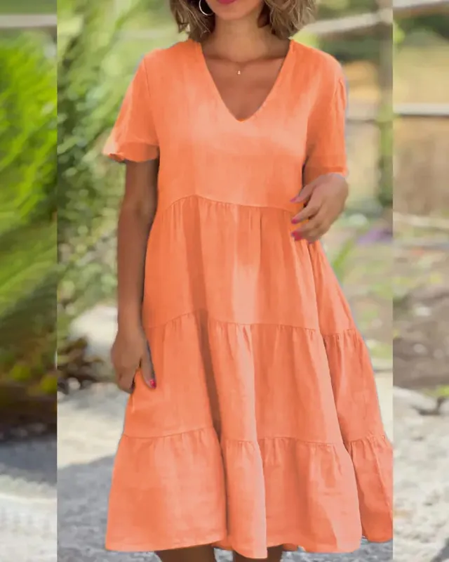 Vestidos femininos casuais de linho de algodão 2025 primavera/verão doce manga curta sólida decote em v grande balanço vestido solto S-5XL — image 5