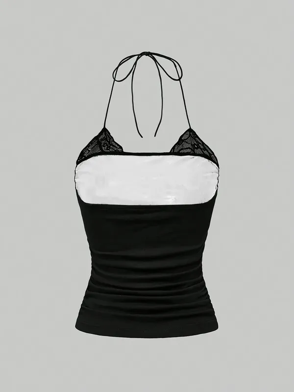 2 Pack Y2K Lace Halter Cami Top Women Cherry Vintage Print Ruched Slim Tie Back Sleeveless Streetwear Tank Camisole — image 6