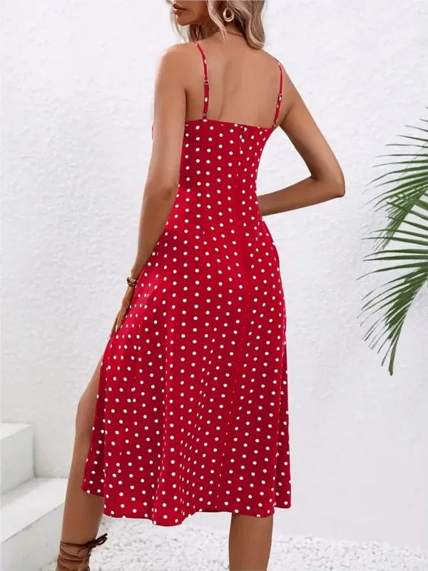 Ny sommar Sexig Spaghetti Straps Klänning Dammode Polka Dot Print Ärmlös slitsklänning Boho Casual Beach Midiklänningar — image 3