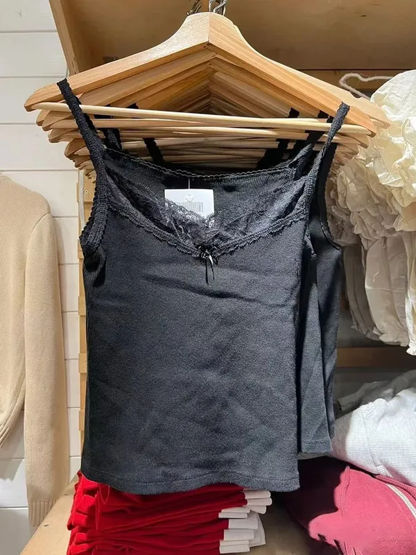 Sweet Lace Patchwork Slim Tank Tops Dam Sommar Vit Sexig Enkel Bomull Mjuka ärmlösa västar Kvinna Vintage Chic Y2K Camisole — image 18