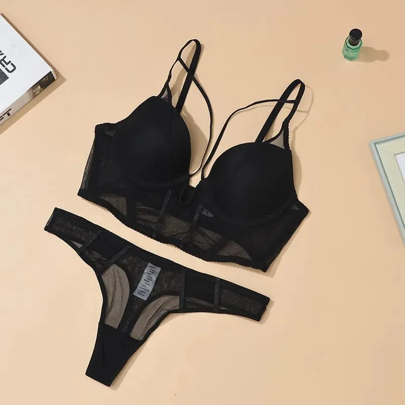 Lingerie oca com decote em v profundo espinha de peixe roupa íntima push up feminino sexy alongar sutiã e calcinha conjuntos moda jovens meninas íntimas