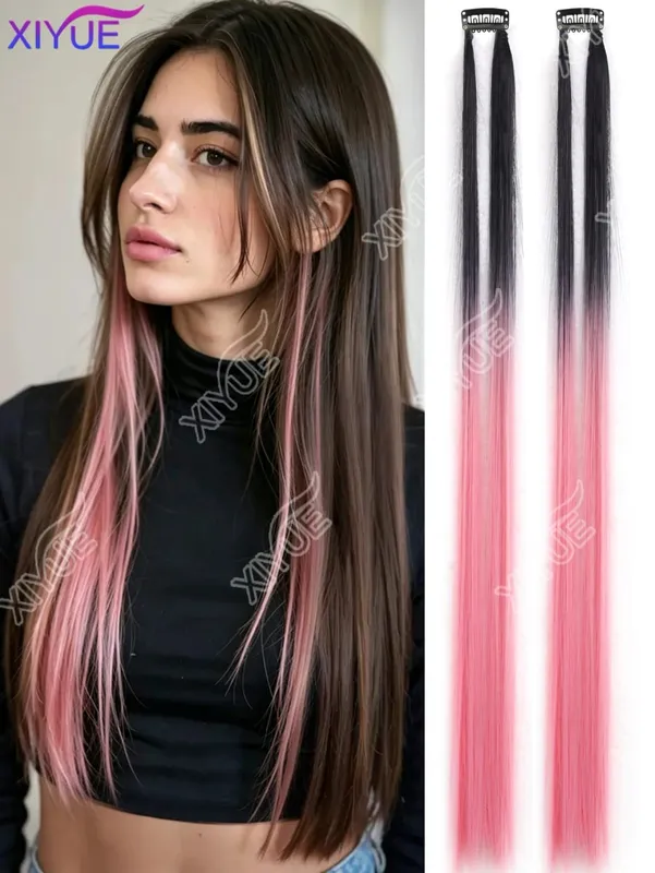 XY Hair Extensions 2pcs/pack Straight Extensions Multi-Colors Highlights Synthetic Hair Rainbow Hairpieces for Girls Halloween — image 10