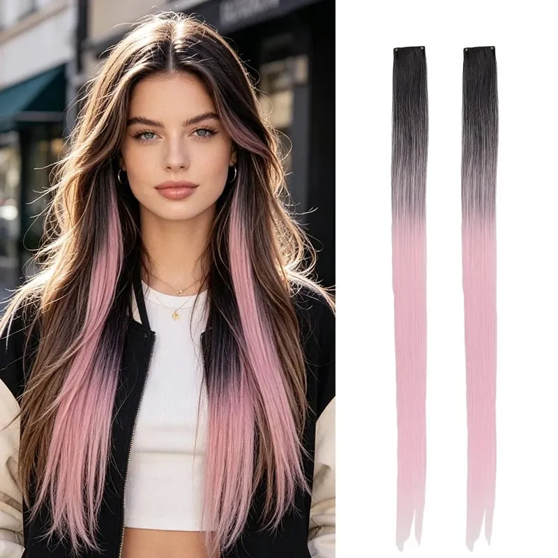 2Pcs Pack Two-Tone Ombre Highlight Clip in Wig Straight Hair Piece Synthetic Fiber Comb for Daily Party Look