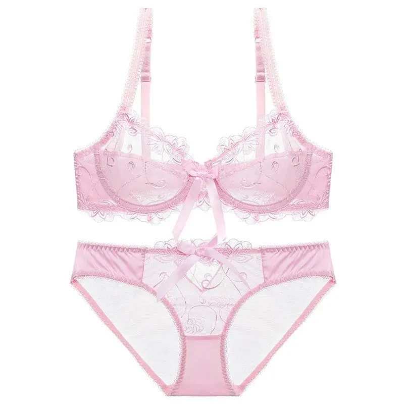 Lace Push Up Bra Set Breathable PantiesThin Mesh Cup Transparent Behalf Lingerie Bow Embroidery Flora Soutien Gorge