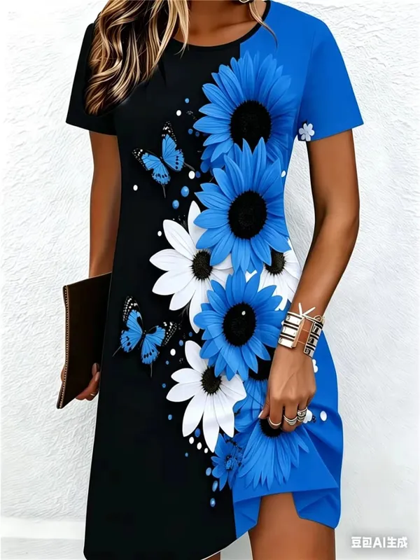 Street Hip Hop Flowers And Butterflies Women Mini Dresses Summer Short Sleeve 3D Printed Fashion Dress 3XL Big Size Casual Dress — image 2