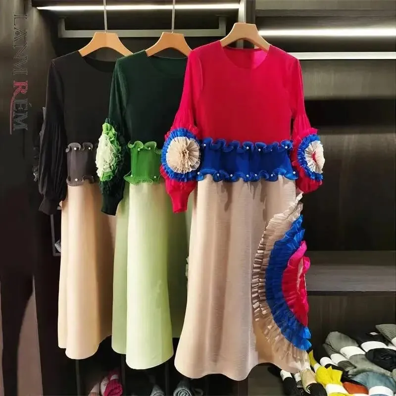 Rakott nyakkendő virág hosszú ujjú női ruha elegáns új bő színes blokk patchwork design gyöngyfűzés női ruházat 2DB6651 — image 2