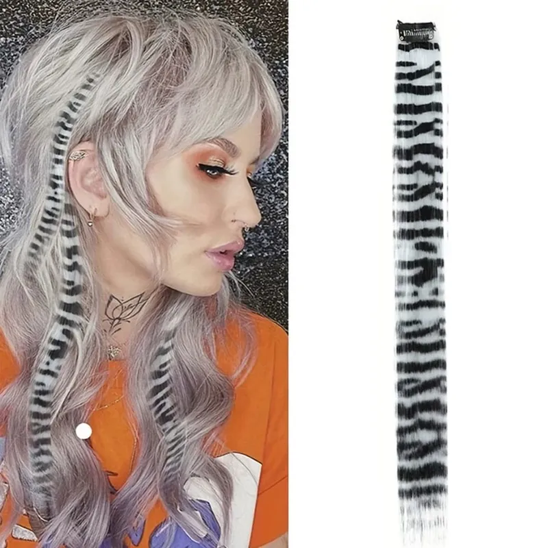 Long Straight Colorful Striped Hairpieces Synthetic Clip in Leopard Print Hair Piece Halloween Party Cosplay Y2K Feather Scene — image 8