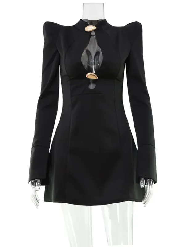 Ahagaga Elegant Women's Mini Dresses Solid Sexy Bodycon Slim Fit Hollow Out Regular Long Flare Sleeve A Line Trend Casual Female — image 6