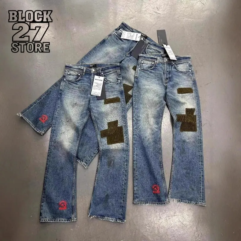 Mens Flared Jeans Harajuku Vintage Washed Denim Pants Distressed Patchwork Corduroy Slim Fit Casual Streetwear Unisex New Spring — image 2