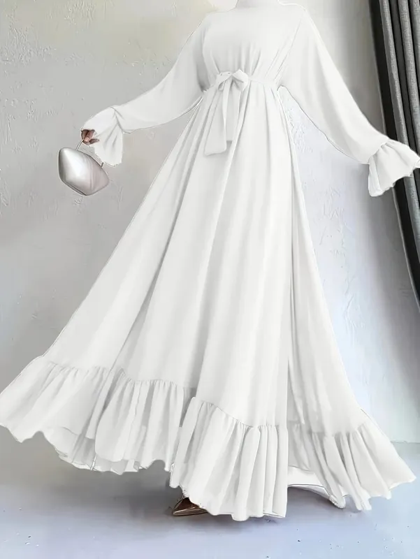 Elegant Solid Color Long Sleeve Dress Casual Loose Strap round Neck Flared Skirt Patchwork Pleated Gown for Women — image 2