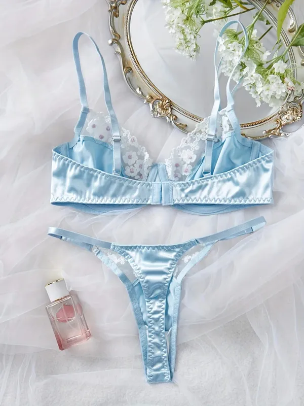 2 Piece Blue Satin Sexy Lingerie Set Women French Coquette Floral Embroidery Sheer Mesh Underwire No Padding Push Up Bra Thong — image 3