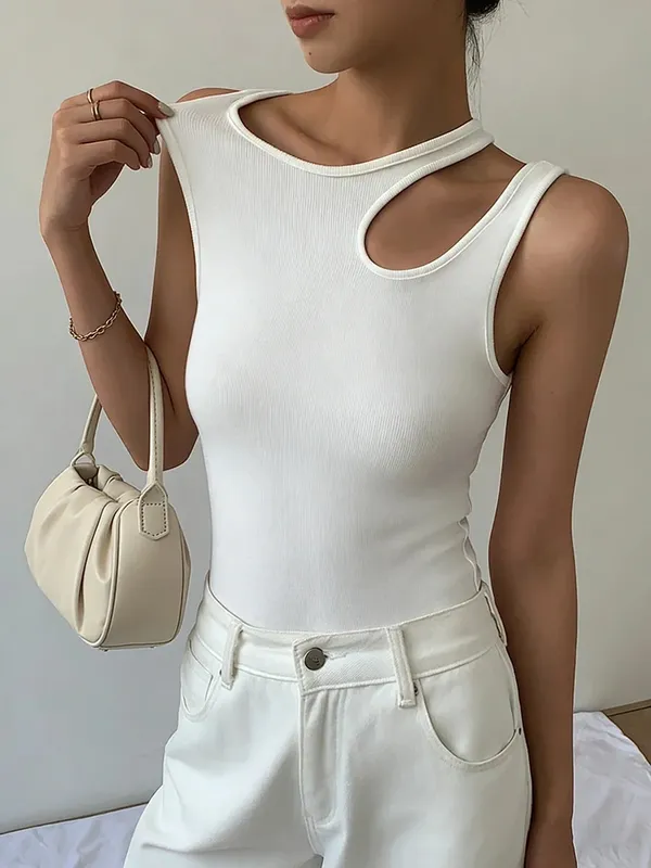 Women's White Ribbed Knit Tank Top Round Neck Cut Out Shoulder Slim Fit Sleeveless Cami Casual Vest Spring Summer Daily Outfit — image 5