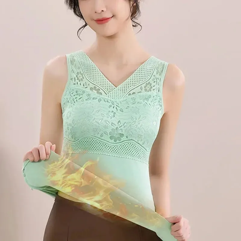 Women Winter Lace Padded Thermal Vests Soft Skin‑Friendly Undershirts Comfortable Sleeveless Inner Versatile Daily Tank Tops — image 7