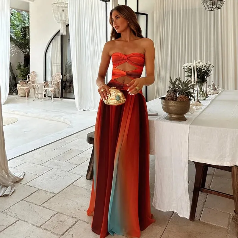 Tie-dye Gradient Hollow Out Women's Maxi Dress Elegant Off Shoulder A-line Hem Long Dresses New Summer 2025 Holiday Female Robes — image 2