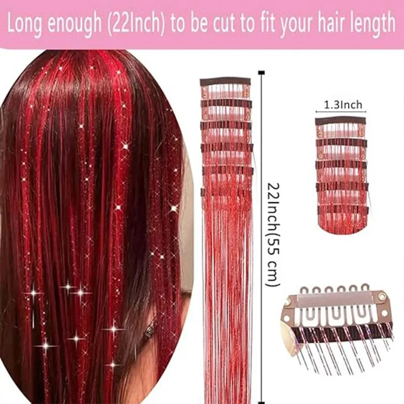 12Pcs Clip in Hair Tinsel Kit Red Hair Tinsel 22Inch Tinsel Hair Extensions Christmas Hair Tinsel Party Festival Accessories — image 2