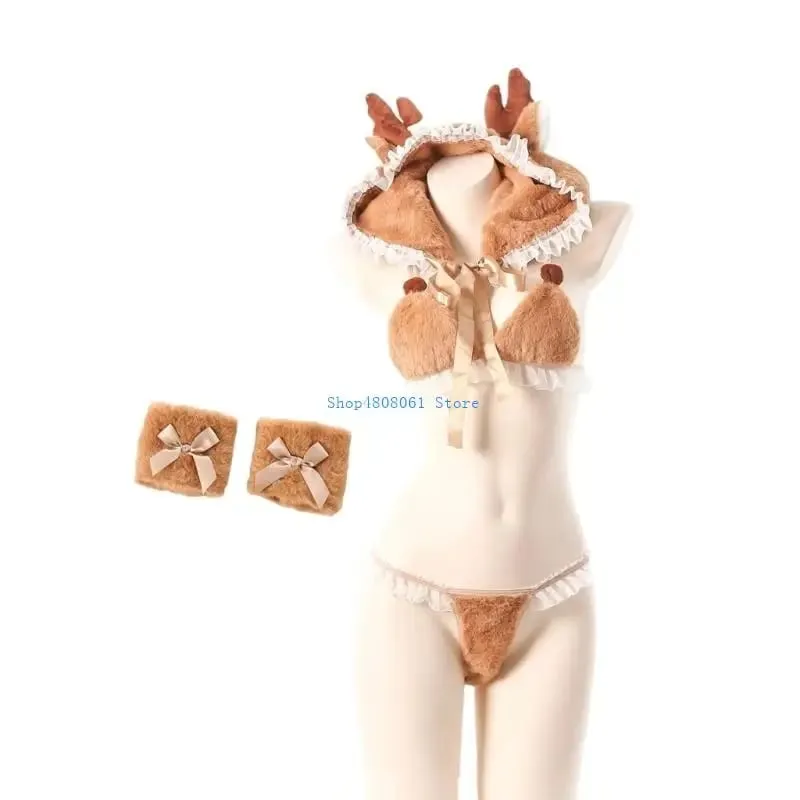 T3LC 4Pcs Anime Lingerie Set Deer Cosplay Lingerie Costume Cap Wrist Cuffs Bra Top