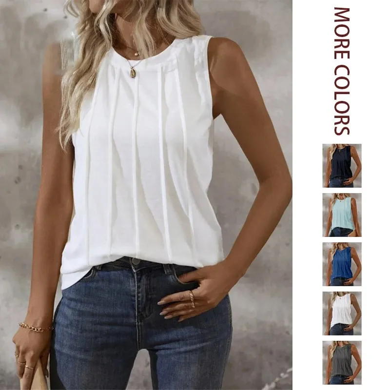 2026 Spring/Summer New Pure Color Round Neck Wrinkle Knit Vest for Women; In Stock — image 2
