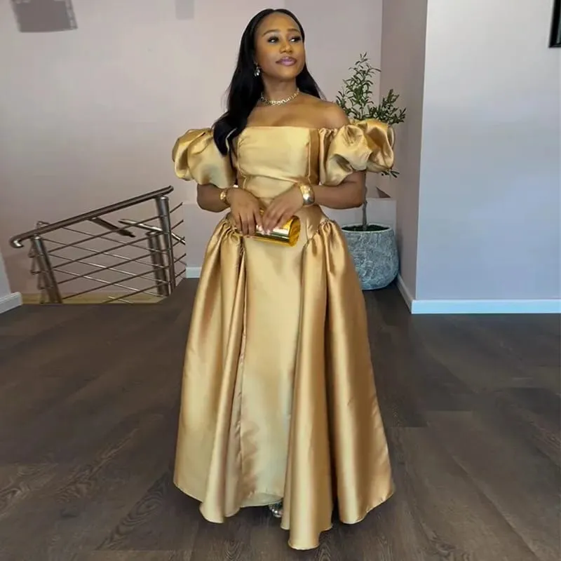 Elegant Dress for Women's Puff Sleeve Square Collar Gold Solid Pleated A-line Evening Party Cocktail Maxi Dresses — image 3