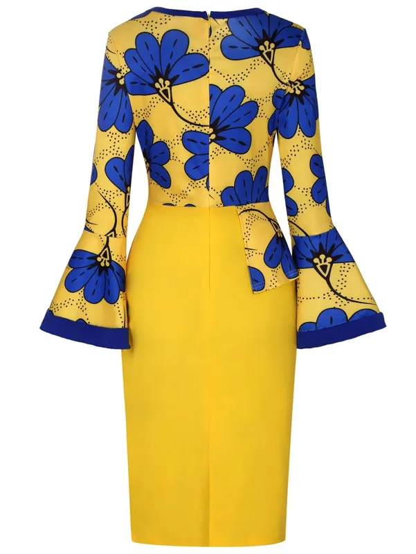 Women Long Sleeves Ethnic Floral Print Round Neck Autumn Knee Length Bodycon Dress Fashion Casual Commuter Party Pencil Dress — image 6