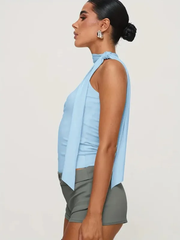 Women Solid Color Halter Neck Tie Detail Sleeveless Top Summer Casual Y2K Street Style Slim fit Crop Top — image 4