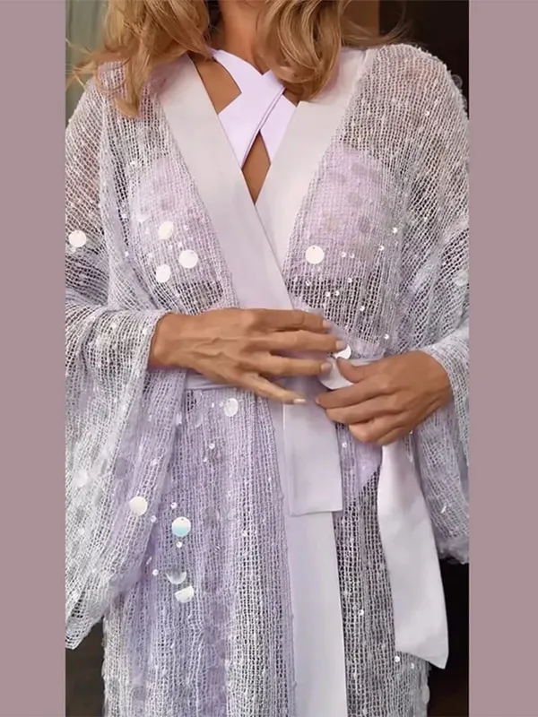 Sexy Women's Sequined Cardigan Long Dress Loose Hollow Out See Through Full Sleeve Lace Up Dresses 2026 Summer Beach Robe — image 2