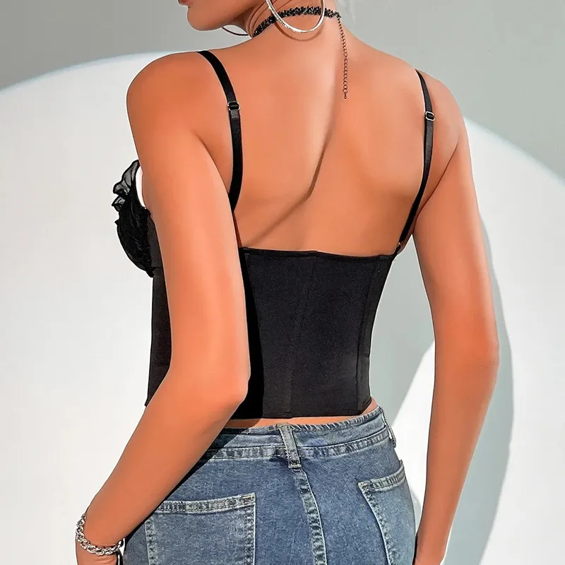Sexy V Neck Y2K Crop Tops Lace Patchwork Pleated Bowknot Corset Top Sexy Backless Slim Camisole Body Shape Fishbone Bustier — image 7