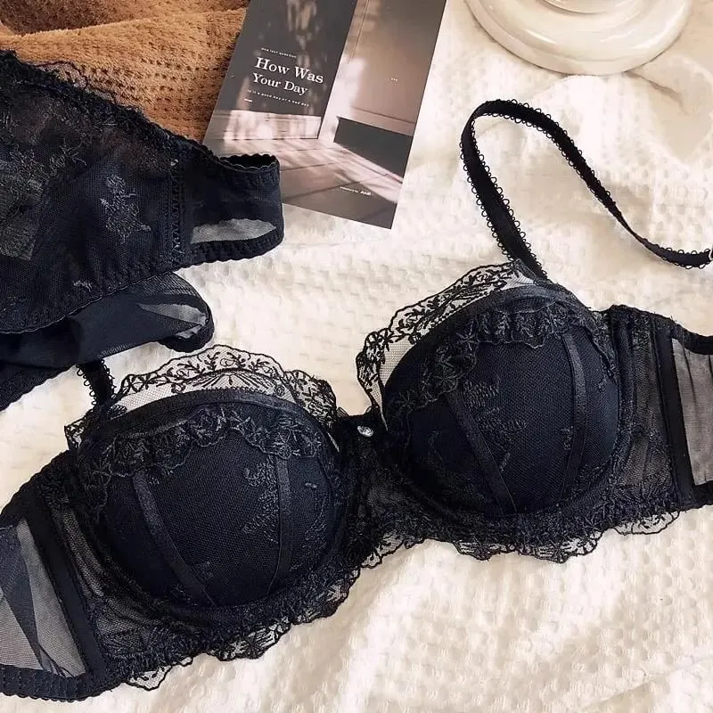 French Embroidered Lace Lingerie Two-Piece Set Lightweight Breathable Soft Underwired Bra with Light Support for Smaller Busts — image 4