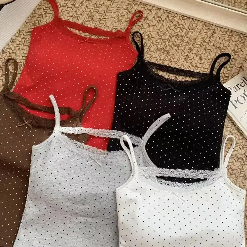 Women Summer Polka Dot Tank Tops Sweet Lace Edge Built-in Bra Pads Backless Slim Fit Camis for Travel Daily Wear — image 9