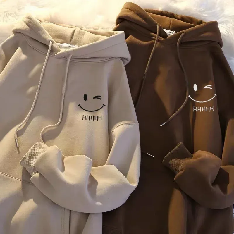 Rosto sorridente masculino engraçado moda casal suéter com capuz americano pesado solto engrossado cashmere meninos moletom com capuz topo — image 2