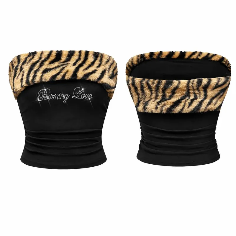 Women Y2K Tiger Print Faux Fur Trim Off Shoulder Top Rhinestone Burning Love Lettering Ruched Waist Fitted Bodycon Cropped Long Sleeve Bardot Tube Top Baddie Going Out Party Club,christmas valentine halloween cosplay costume plus size petit