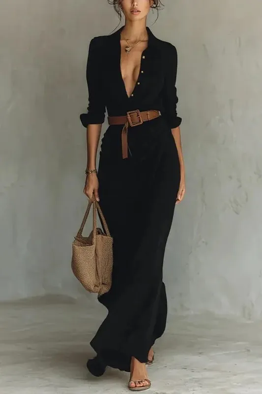 Moda feminina sólido vestido de festa de férias elegante lapela botão drapeado vestido longo casual manga longa jogo com cinto camisa vestido — image 8