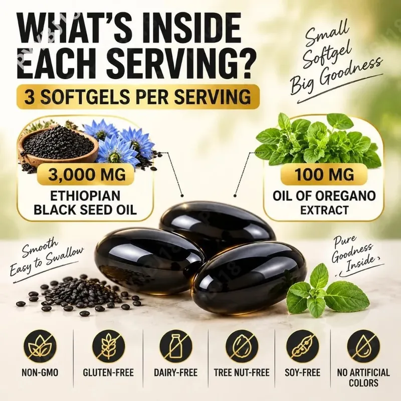 Óleo de semente preta etíope 3000 mg cápsulas moles com óleo de orégano apoiam a saúde imunológica, equilíbrio digestivo e vitalidade diária 120 contagens — image 6