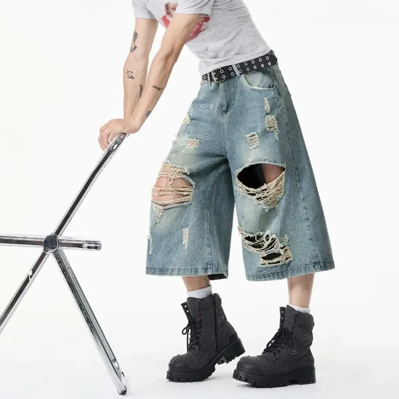 Summer Trendy Men Jeans Ripped Loose Casual Man Pants Artistic Design Cropped Long Denim Trousers