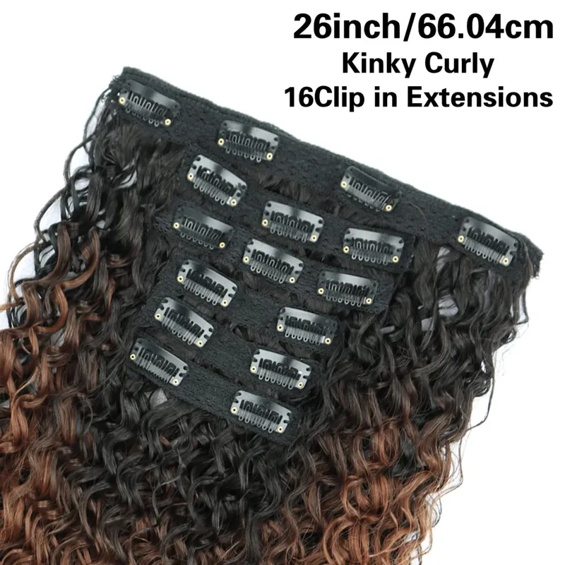 Synthetic 26Inch Kinky Curly 16 Clip In Hair Extensions Black Brown Full Head Fake Pieces Kinky Curly Hair Extensions — image 2