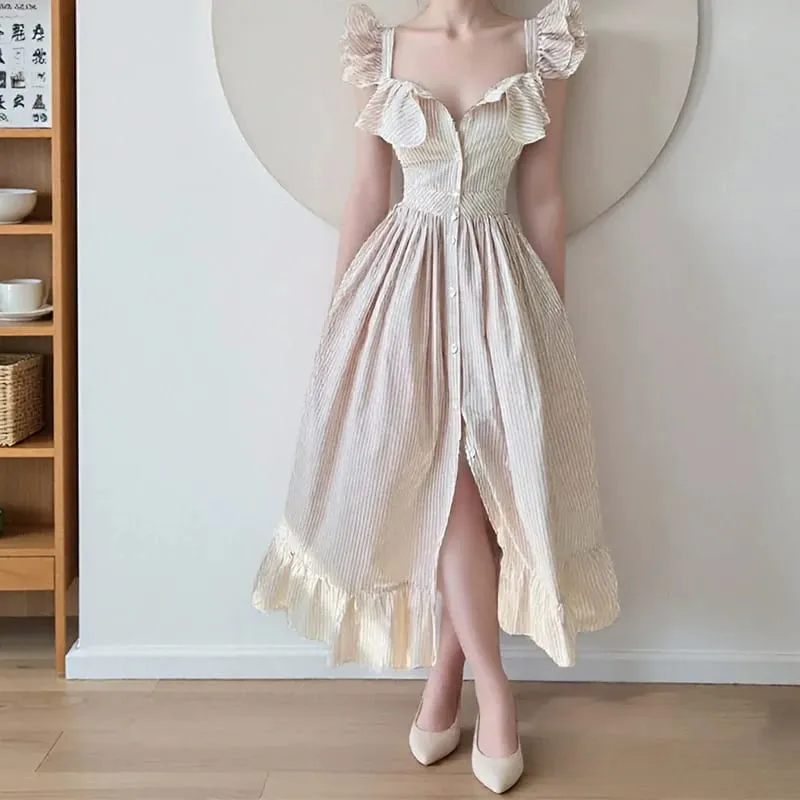 Mangas voadoras listradas vestidos longos mulher elegante único breasted a linha roupões feminino chique cintura alta verão senhora roupões férias — image 4
