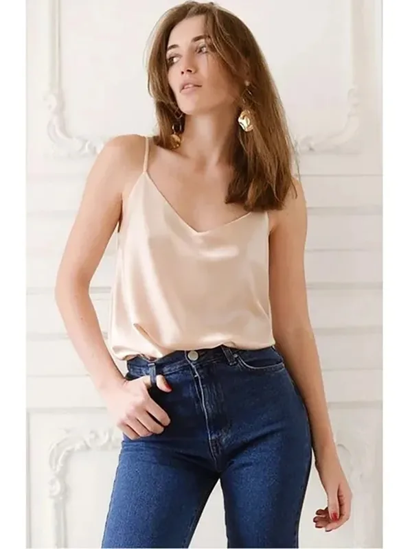 2026 Sleeveless Satin Silk Tank Tops Strap Top Women Halter V Neck Basic White Cami Women'S Summer Camisole
