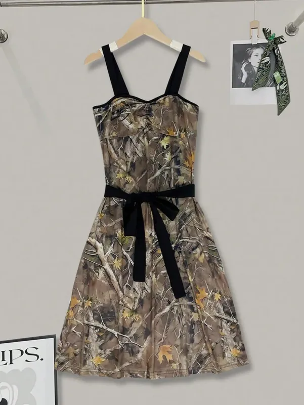 Womens Camo Print Spaghetti Strap Mini Dress Sweetheart Neck Bowknot Waist A Line Summer Party Dress