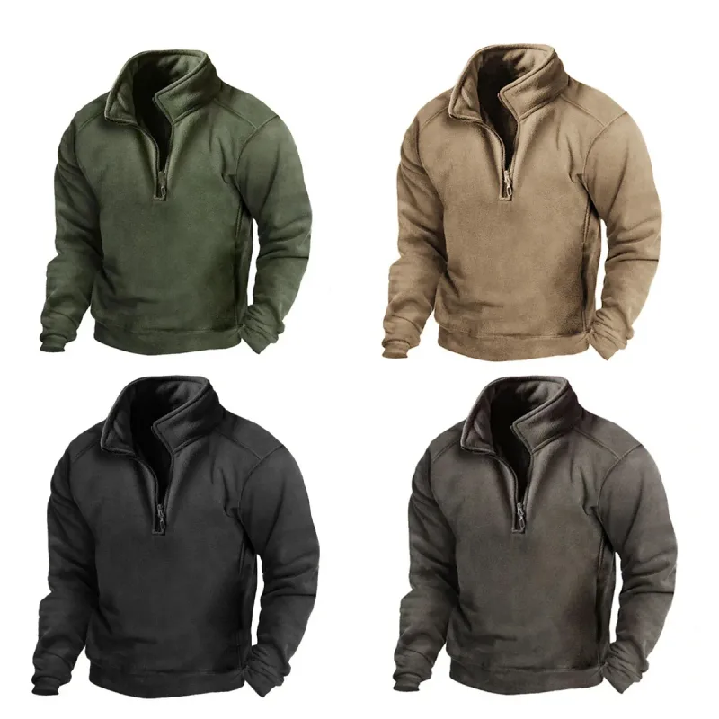 2026 Mens Half-Zip Sweatshirts Autumn Male Stand Collar Loose Solid Color Pullover Bagong Tao Trend Casual Army Green Hoodies — image 4