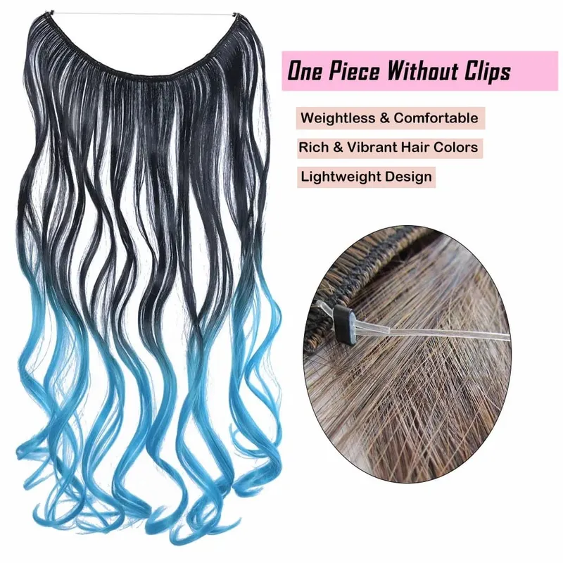 One Piece Ombre Color Hair Extension Women's Hairpiece Wavy & Straight Invisible Wire Secret Fish Line No Clips Synthetic Hair