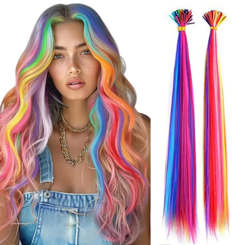 20" Rainbow Synthetic Hair Extensions Kit 10PCS Colored I-Tip Extensions with Micro Beads Hook Needle for Women Kids Cosplay — image 2