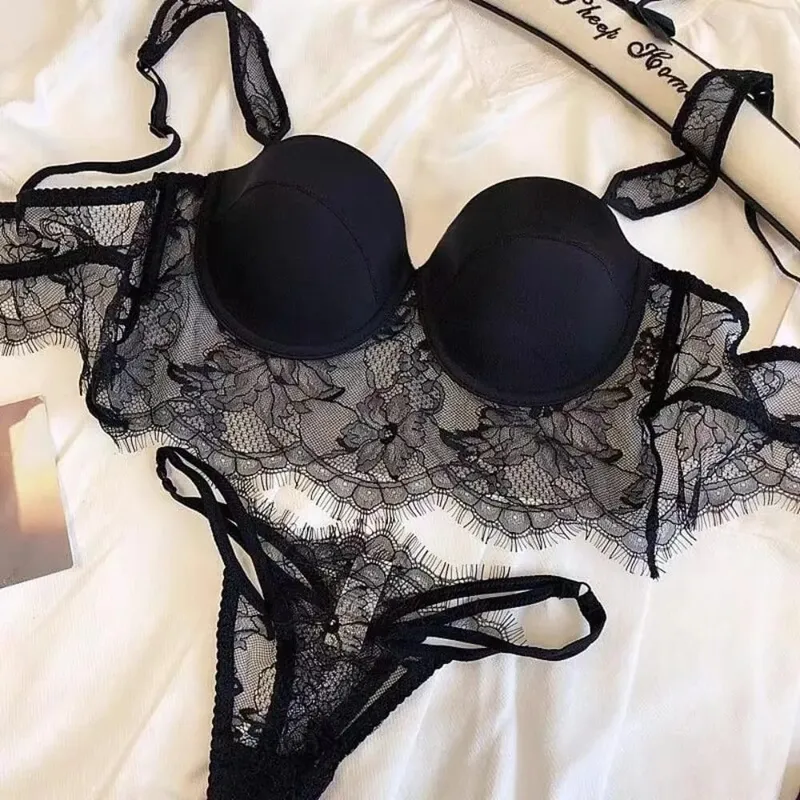 セクシーな Summer Thin Cup Lace Lingerie Set Soft Underwire Deep U‑Back Push‑Up Bra Matching Underwear Breathable Daily Intimates — image 4