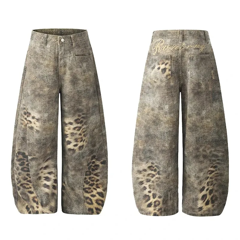 Avant-Garde Men's Jeans Leopard Print Gradient Oversized Wide Leg Fit High Street Loose Casual Denim Long Pants 9X2894