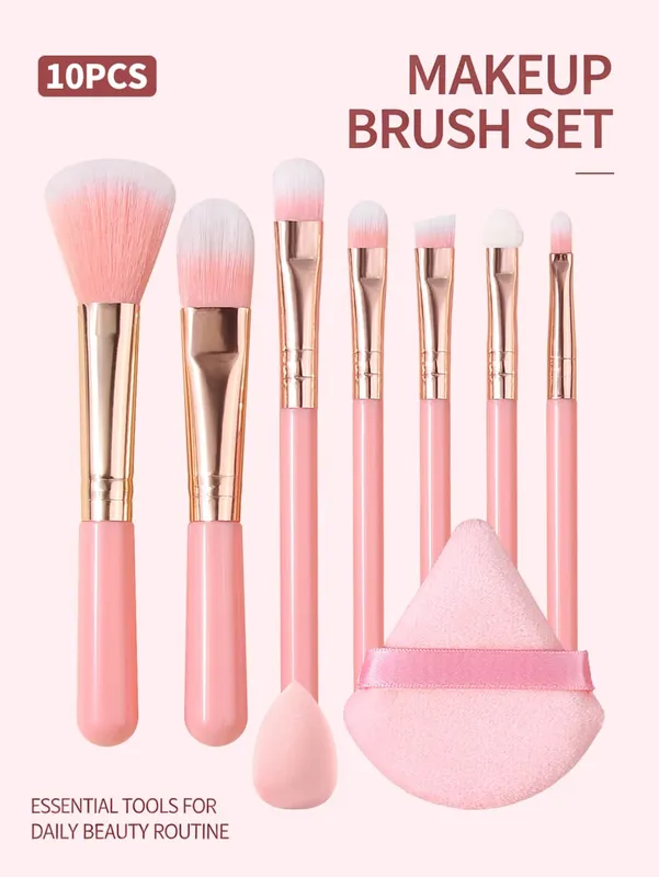 Makeup Brush Kit Soft 10pcs Synthetic Hair Make Up Brushes Foundation Blush Eyeshadow Cosmetic Tools with Powder Puff & Sponge — image 2