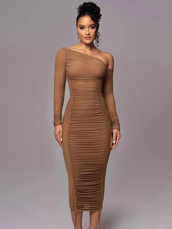 Hugcitar malha sólida gola diagonal manga longa drapeado sexy ver através bodycon maxi vestido verão moda roupas festival clube — image 9