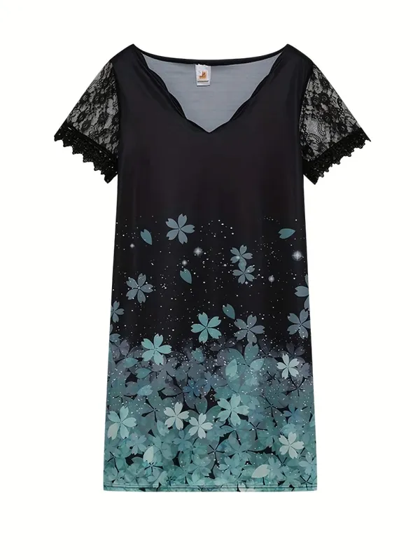 2026 New Women's New Positioning Printing Wave V-neck Lace Short-sleeved Dress — image 8