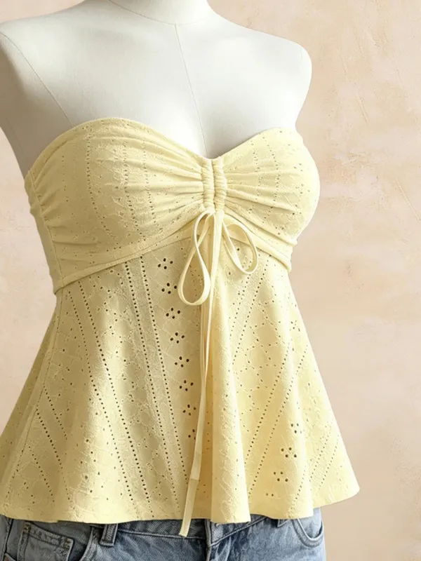 Women Yellow Eyelet Lace Tube Top Casual Ruched Tie Front Peplum Strapless Camisole — image 6