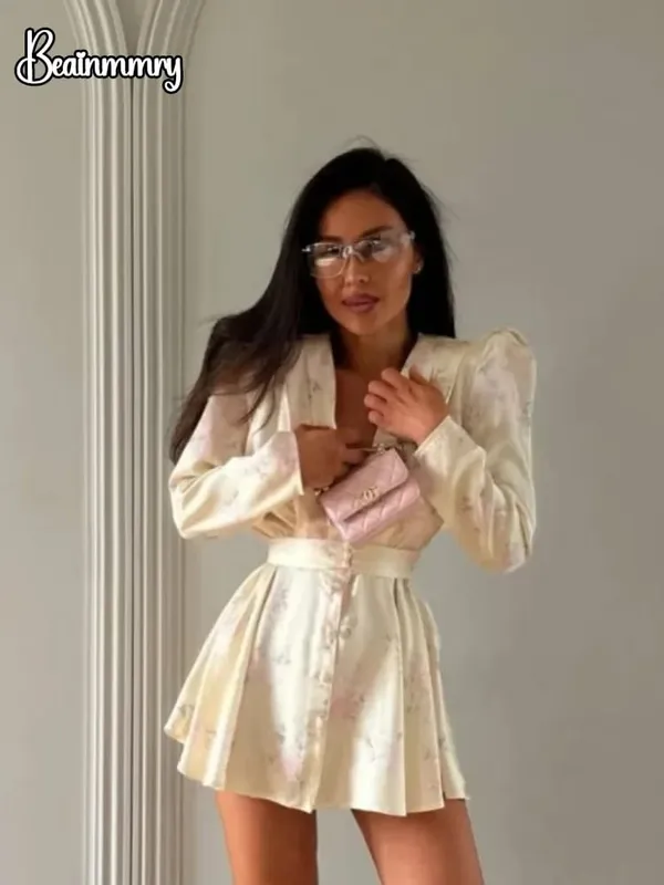 Women Stain Floral Printed V-neck Waist-cinched Pleated Mini Dress Deep V-neck Long Sleeve Button-front Dresses Lady Party Robe — image 2