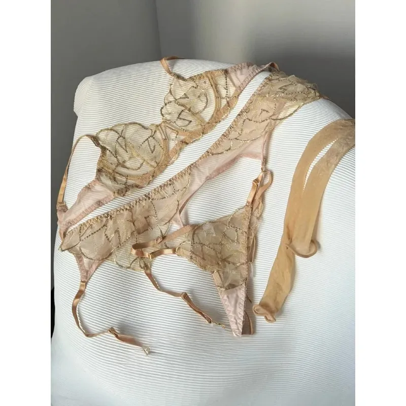 Luxury Lace Shiny Gold Embroidery Sexy Lingerie Set Women Bra + Thong Panties Transparent Erotic Night Party Intimate Underwear — image 1